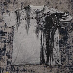 Affliction T-Shirt Mens 2X Large Black White Skull Flocked Velvet Graphic Grunge